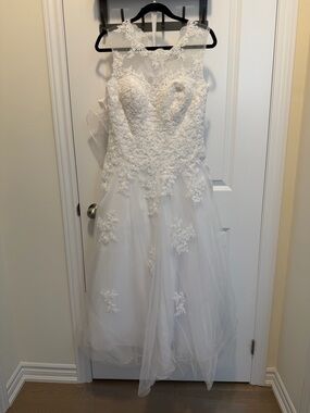 JJs House White Lace A-Line Wedding Dress with Illusion Neckline